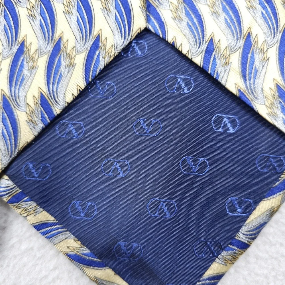 Valentino Cravatte Tie Mens Blue Beige Abstract Feather 100% Silk Italy Necktie